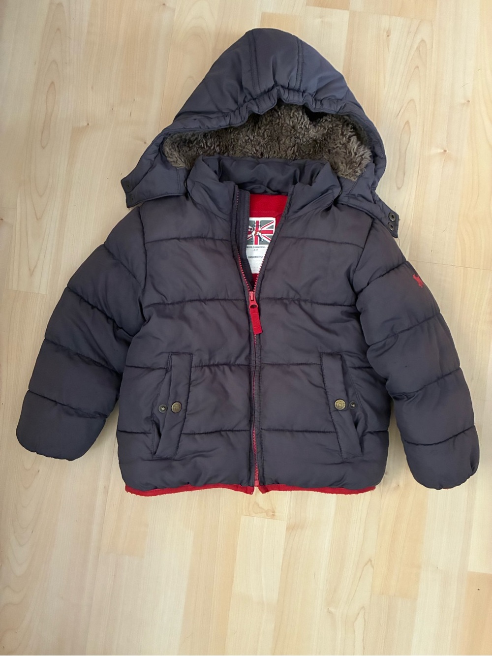 Mini Boden Navy Puffer Jacket with Red Trim
